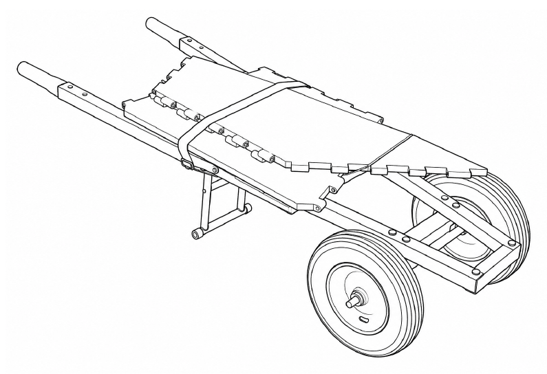 The panels stacked flat over the base and held down by the storage strap