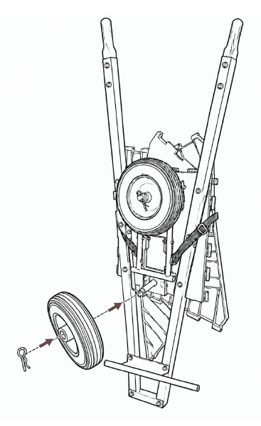 The collapsed cart stood vertically for storage with the support leg folded against the frame