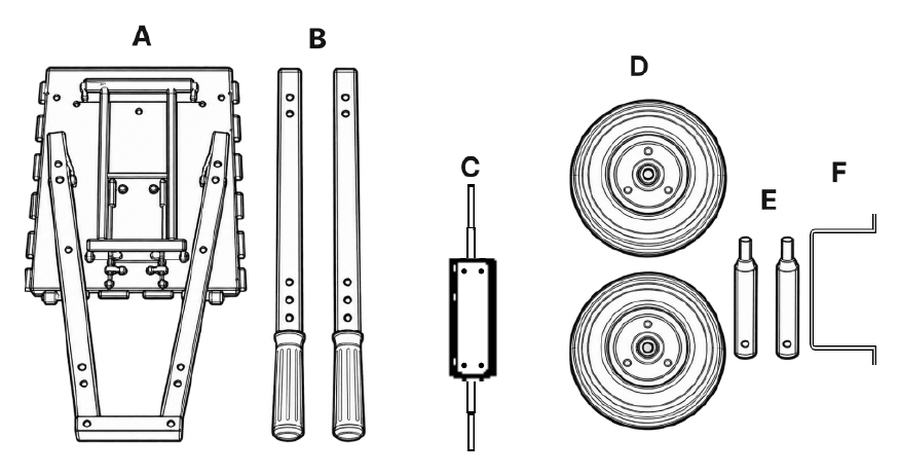 Exploded view of the frame parts: main frame, two handles, axle bracket, two wheels, wheel-mounting pins and the U-shaped retaining bracket
