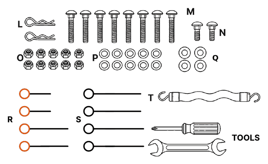 The hardware pack: hairpin cotter pins, carriage bolts, locknuts, washers, the orange- and black-ring rods, the storage strap, screwdriver and wrench