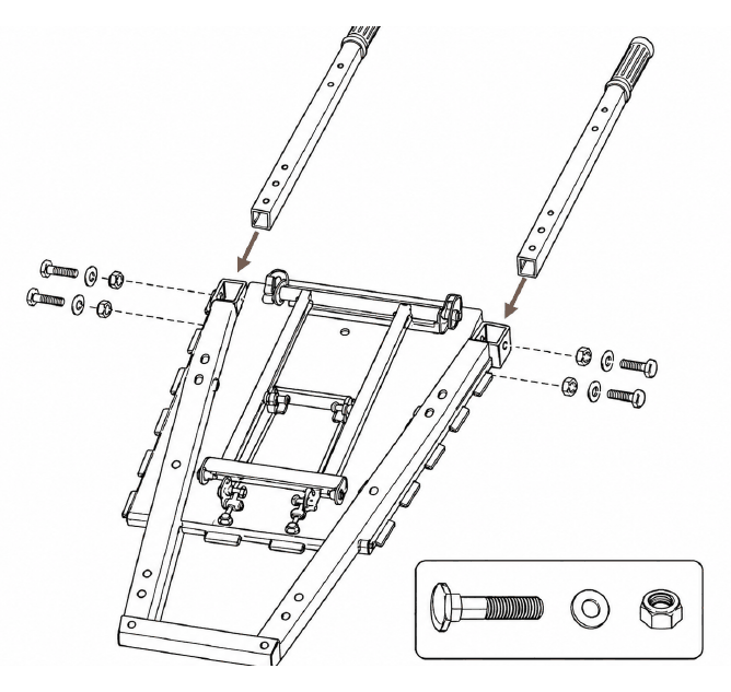 Handles sliding into the frame sockets, with the bolt, washer and locknut for each side