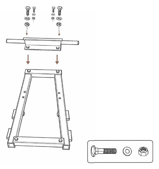 The axle positioned across the narrow end of the main frame with four bolts dropping through