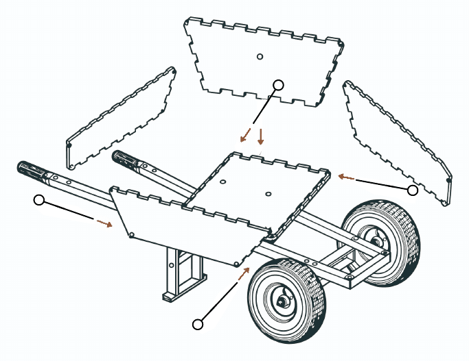The four tub panels being set upright around the base, front panel at the tall end