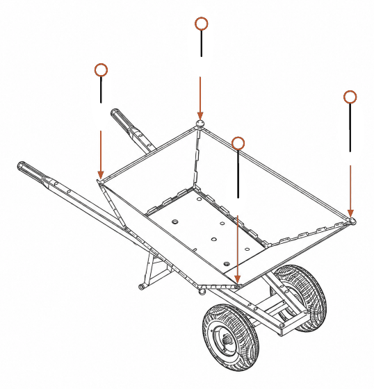 Four orange-ring rods dropping vertically through the corner hinge loops of the assembled tub