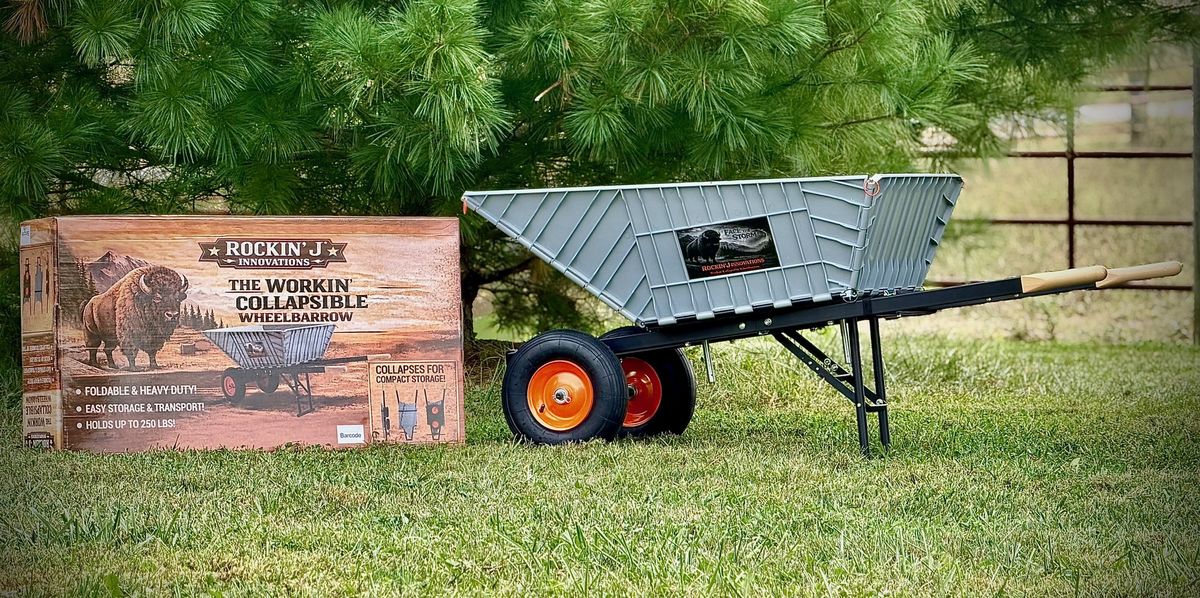 The Workin’ Collapsible Wheelbarrow beside its finished retail carton
