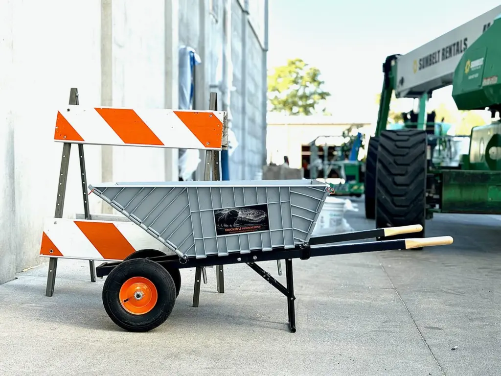 Assembled on a job site beside a road barricade